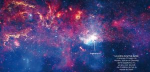 Le centre de la Voie lactée (mélange d?images de Hubble, Spitzer et Chandra) abrite Sagittarius A*, un trou noir de plus de 4 millions de fois la masse du Soleil.